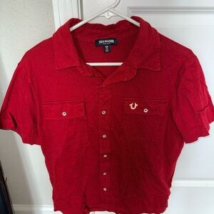 True Religion Red Short-Sleeve Button-Down Shirt with Chest Pockets